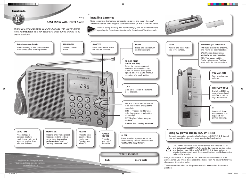 Radio Shack 20-125 User Manual | 2 pages