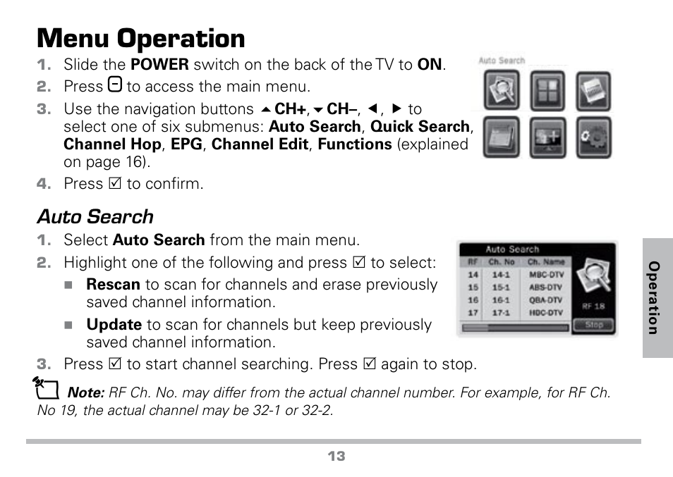 Menu operation, Auto search | Radio Shack 16-972 User Manual | Page 13 / 28