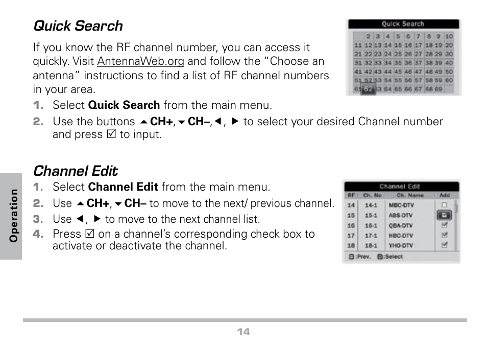 Quick search, Channel edit | Radio Shack 16-972 User Manual | Page 14 / 28