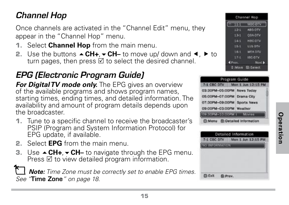 Channel hop, Epg (electronic program guide) | Radio Shack 16-972 User Manual | Page 15 / 28