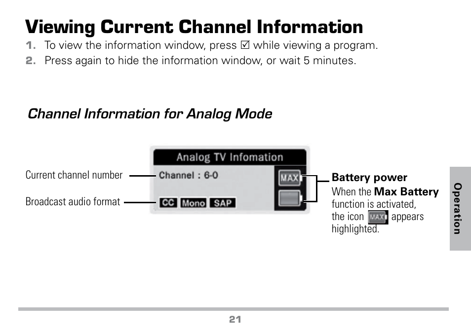 Viewing current channel information, Channel information for analog mode | Radio Shack 16-972 User Manual | Page 21 / 28