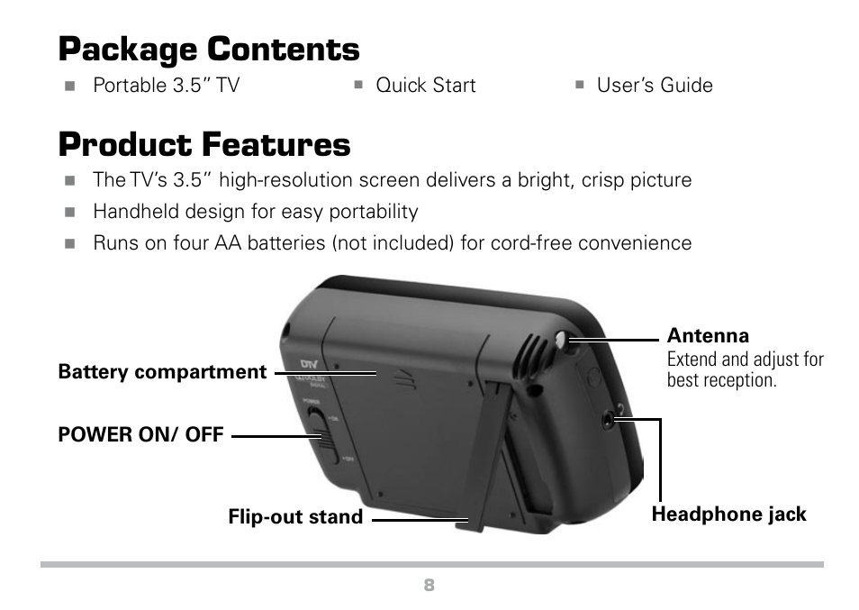 Package contents, Product features | Radio Shack 16-972 User Manual | Page 8 / 28