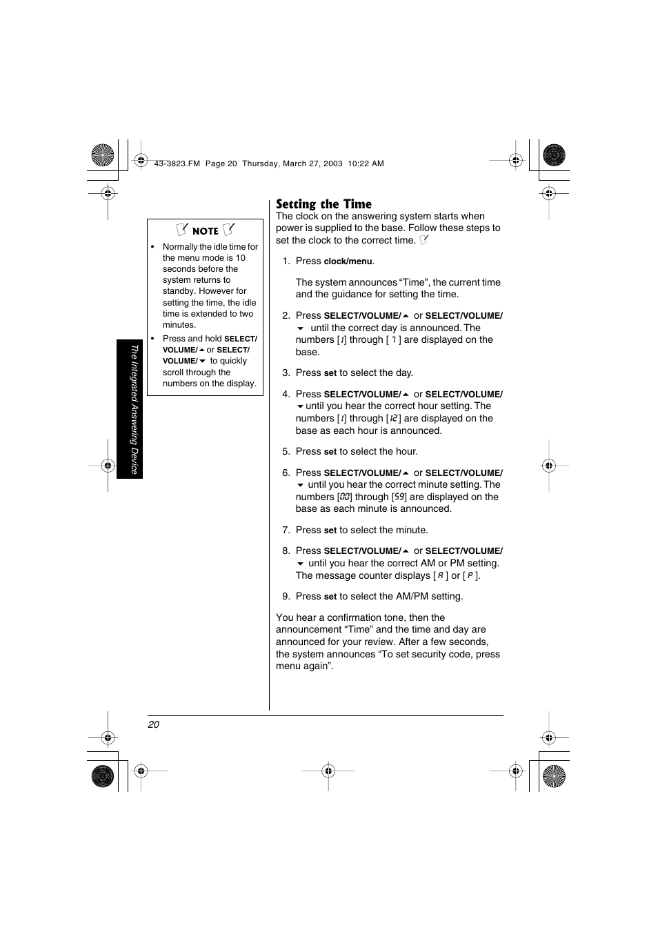 Setting the time | Radio Shack 43-3823 User Manual | Page 20 / 40