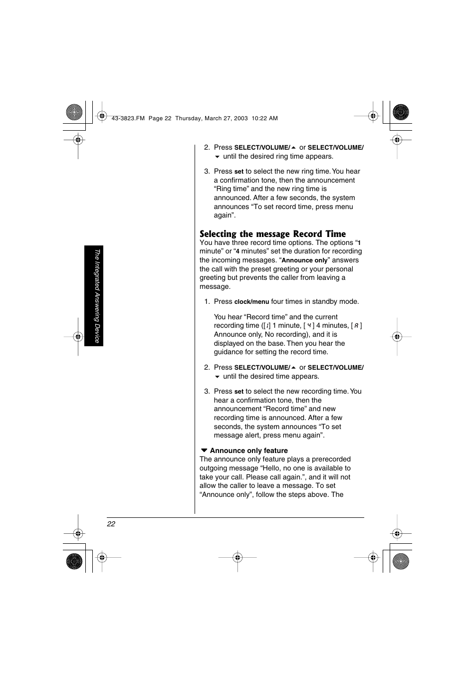 Selecting the message record time | Radio Shack 43-3823 User Manual | Page 22 / 40