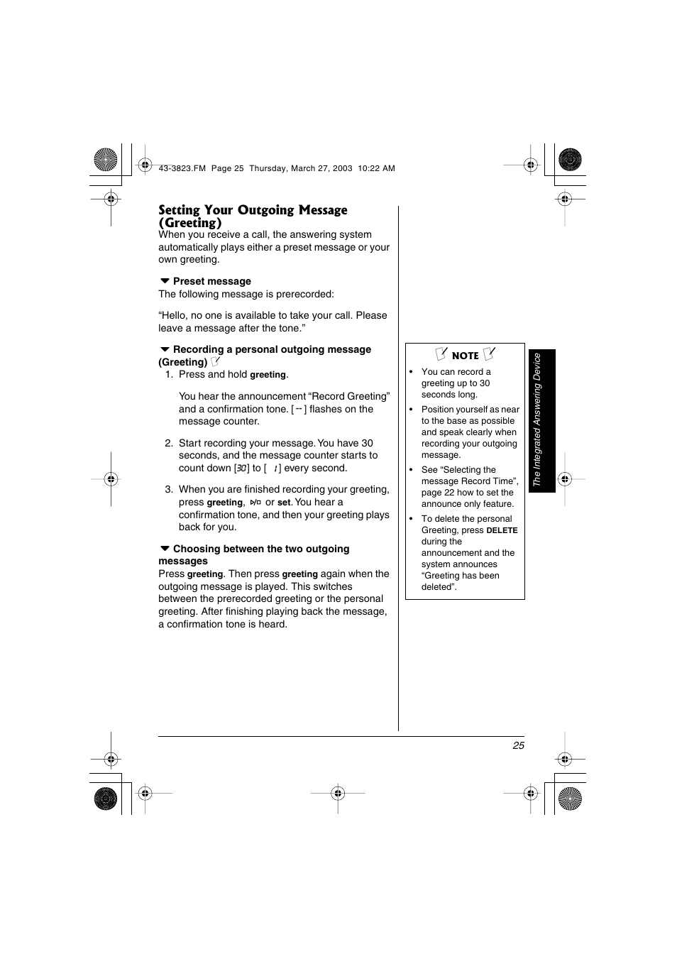 Setting your outgoing message (greeting) | Radio Shack 43-3823 User Manual | Page 25 / 40