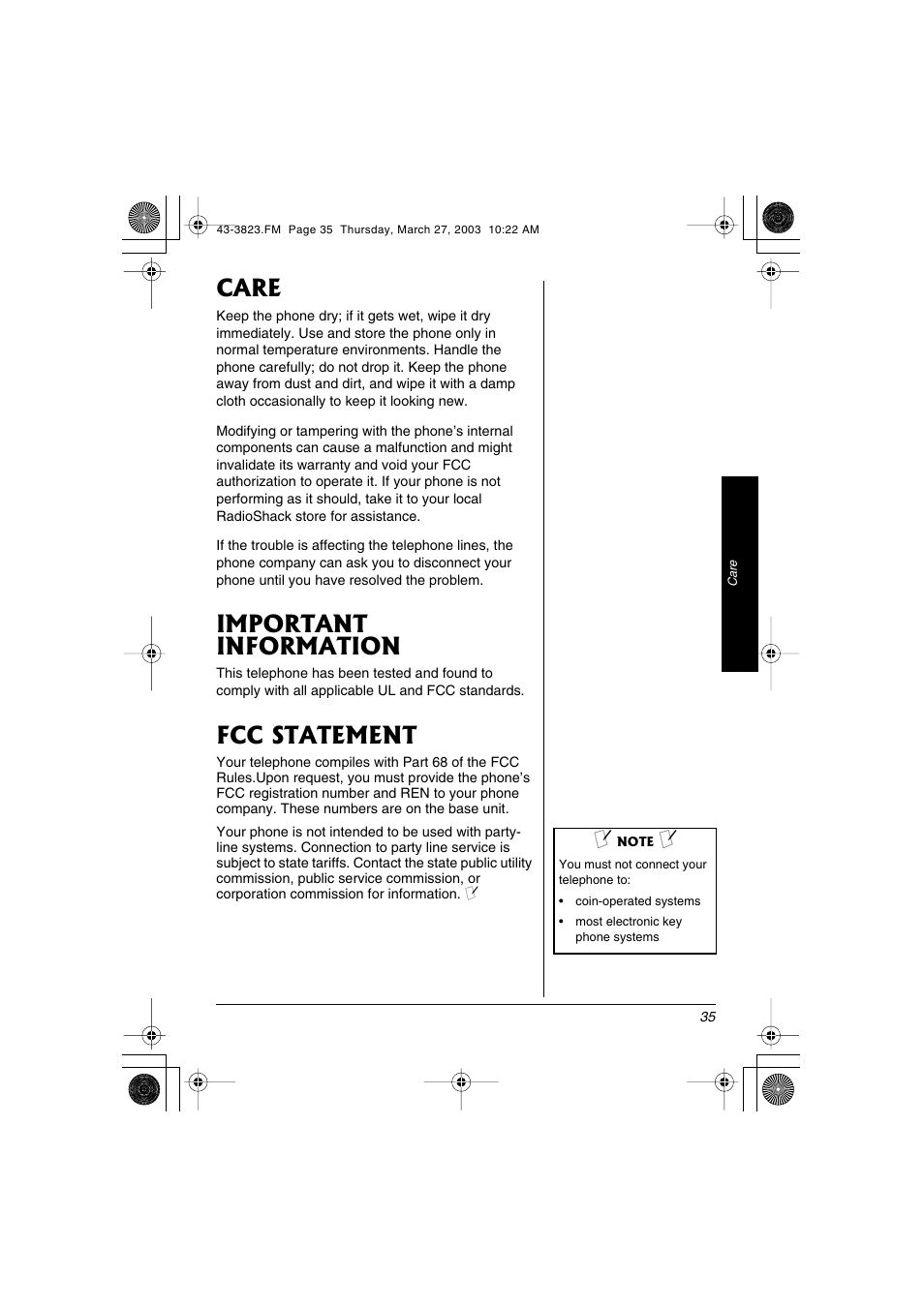 Care, Important information, Fcc statement | Radio Shack 43-3823 User Manual | Page 35 / 40
