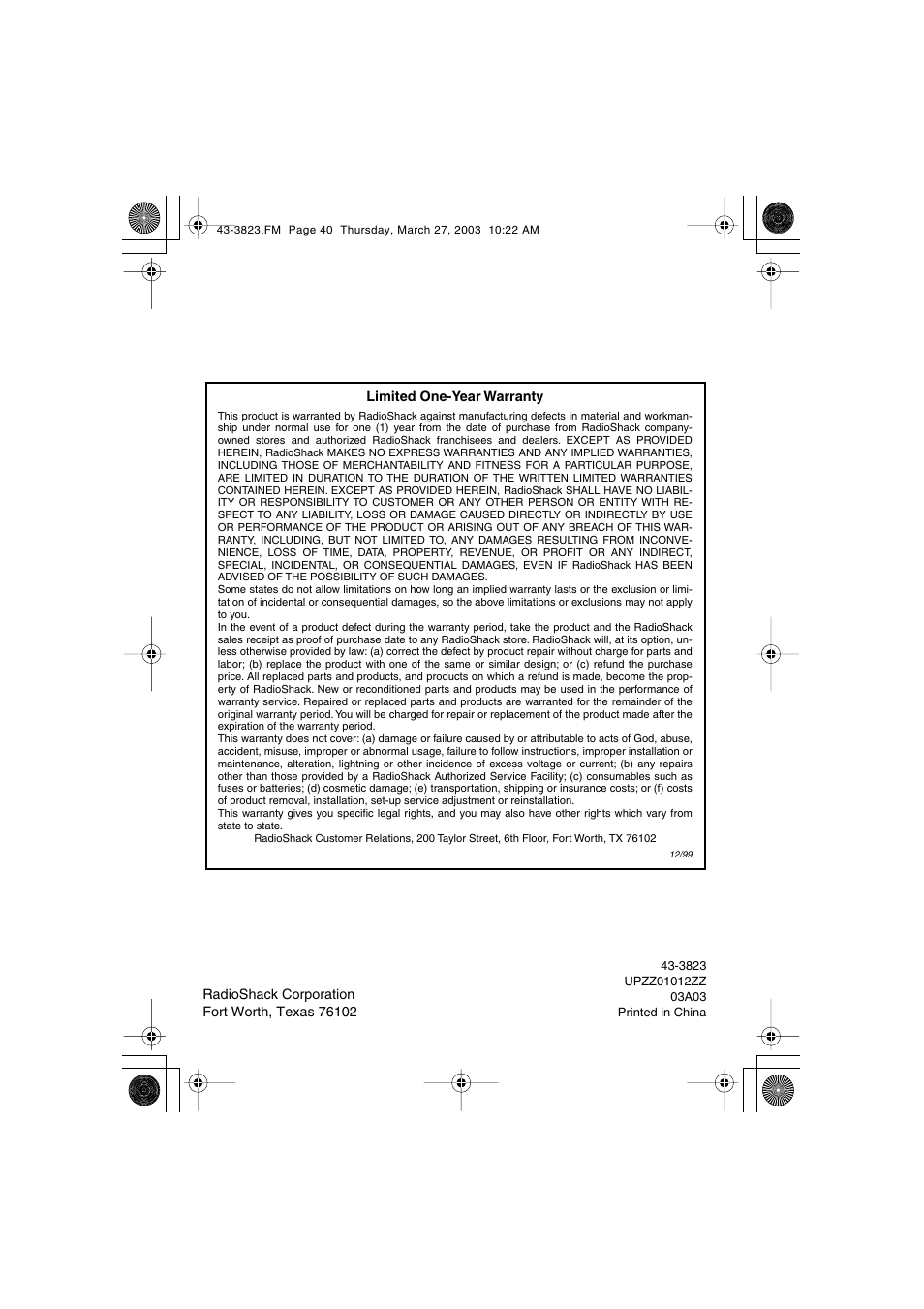 Radio Shack 43-3823 User Manual | Page 40 / 40