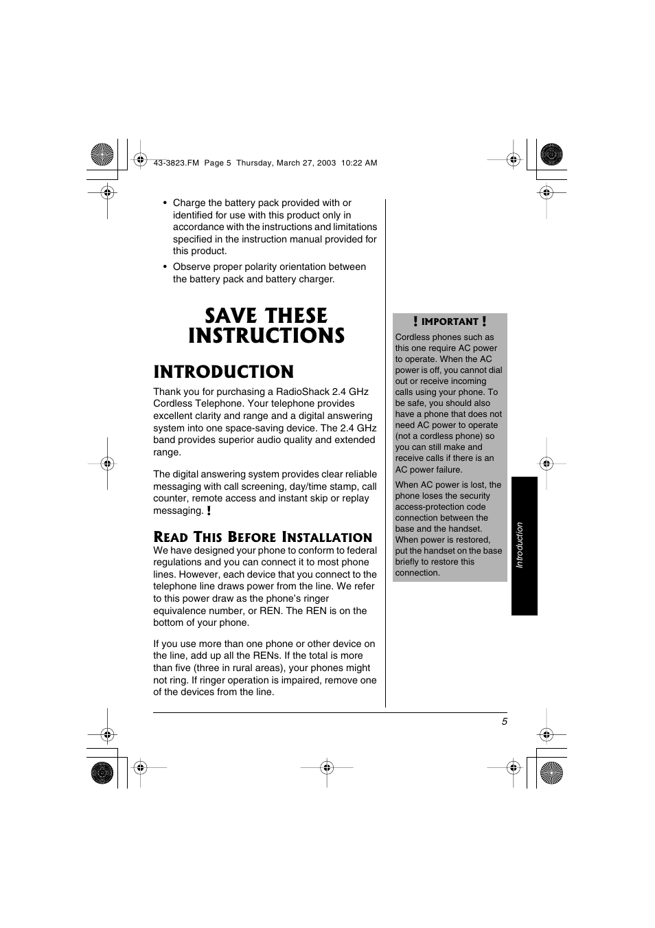 Save these instructions, Introduction | Radio Shack 43-3823 User Manual | Page 5 / 40