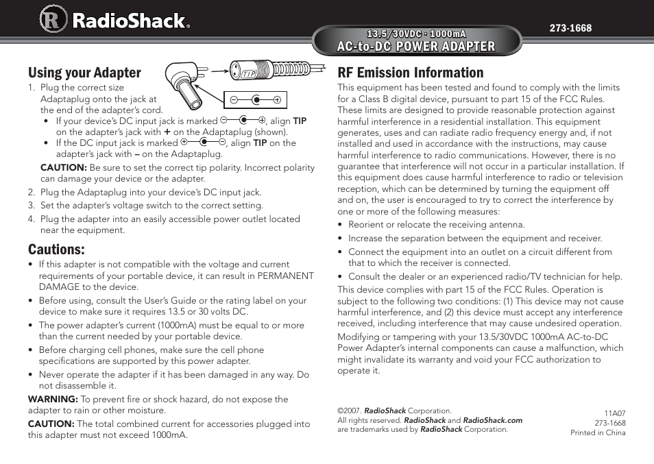 Radio Shack 273-1668 User Manual | 1 page