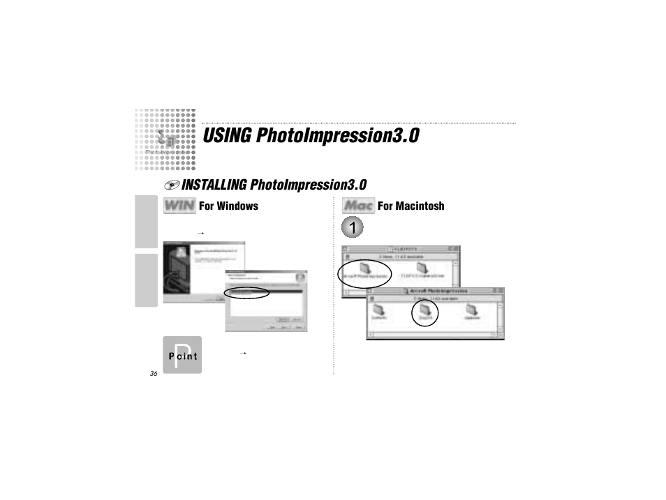 Using photoimpression3.0, Installing photoimpression3.0, For windows | For macintosh | Radio Shack FLATFOTO B-020405 User Manual | Page 36 / 52