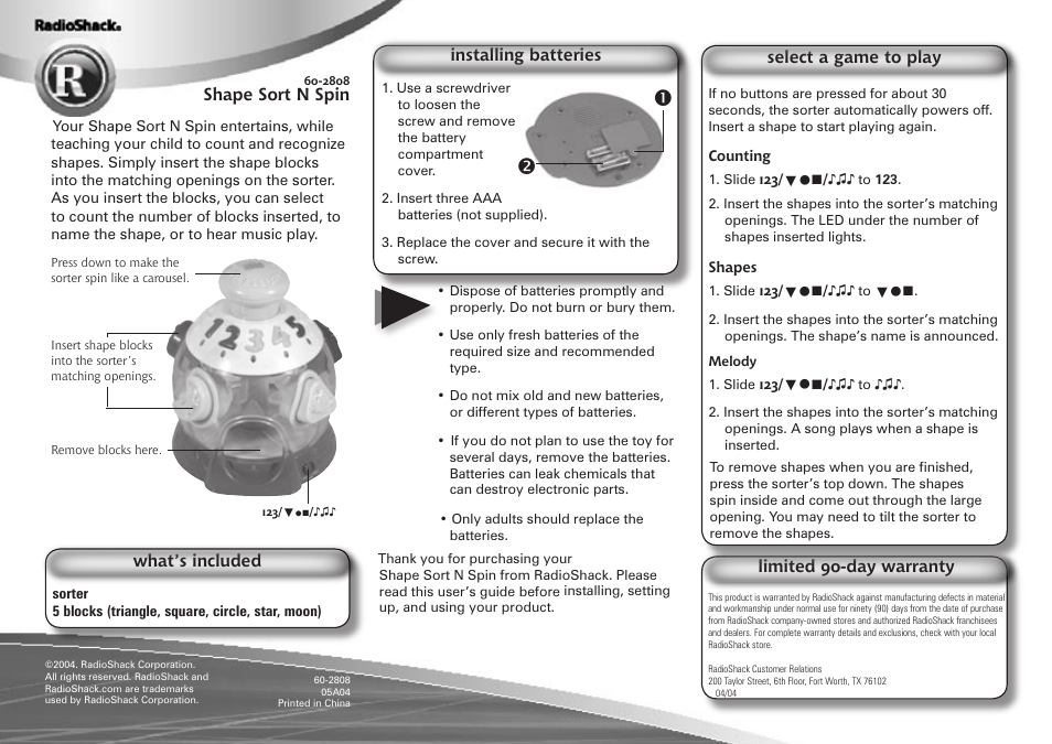 Radio Shack 60-2808 User Manual | 1 page