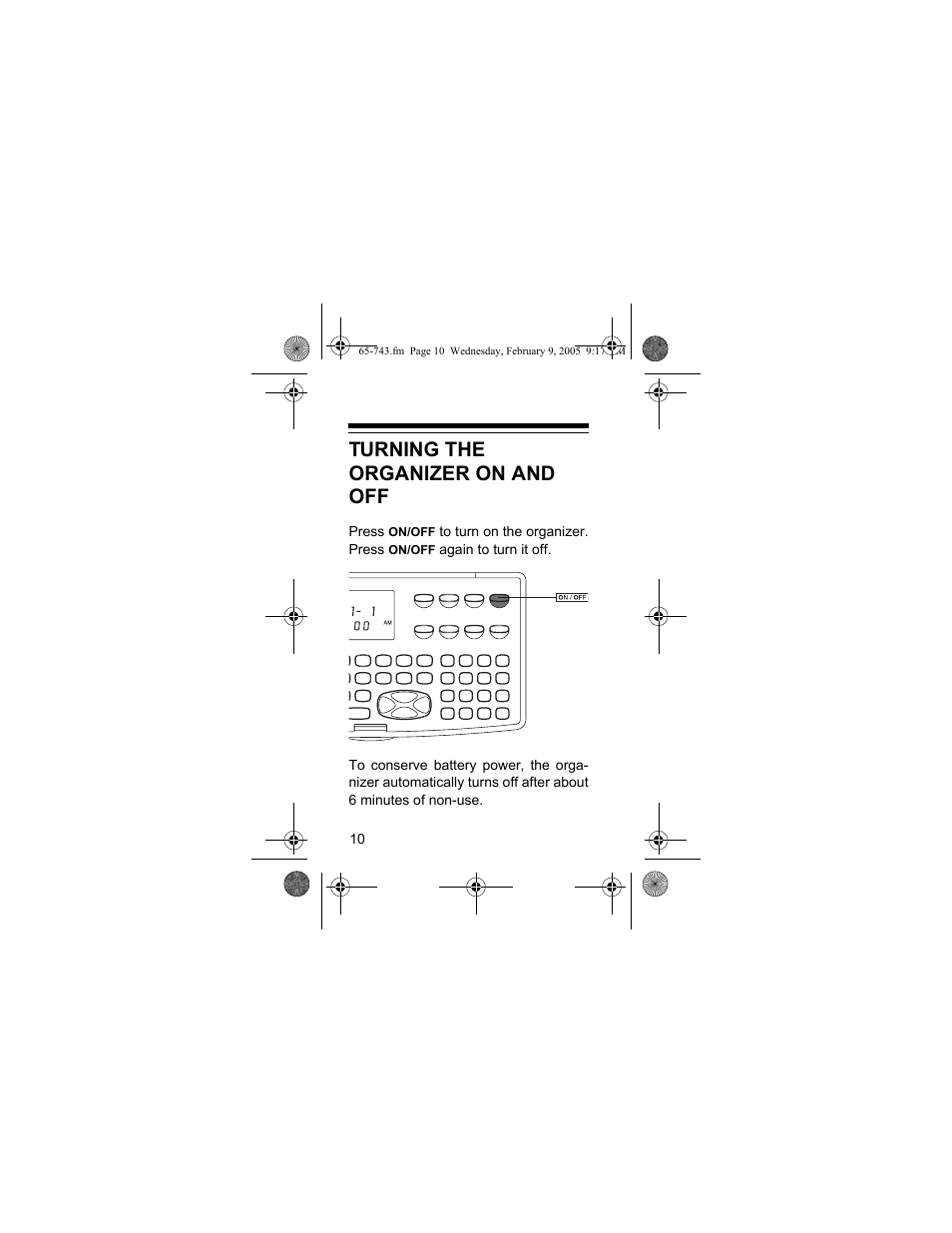 Turning the organizer on and off | Radio Shack EC-291 User Manual | Page 10 / 84