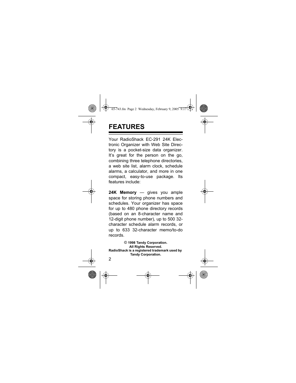 Features | Radio Shack EC-291 User Manual | Page 2 / 84