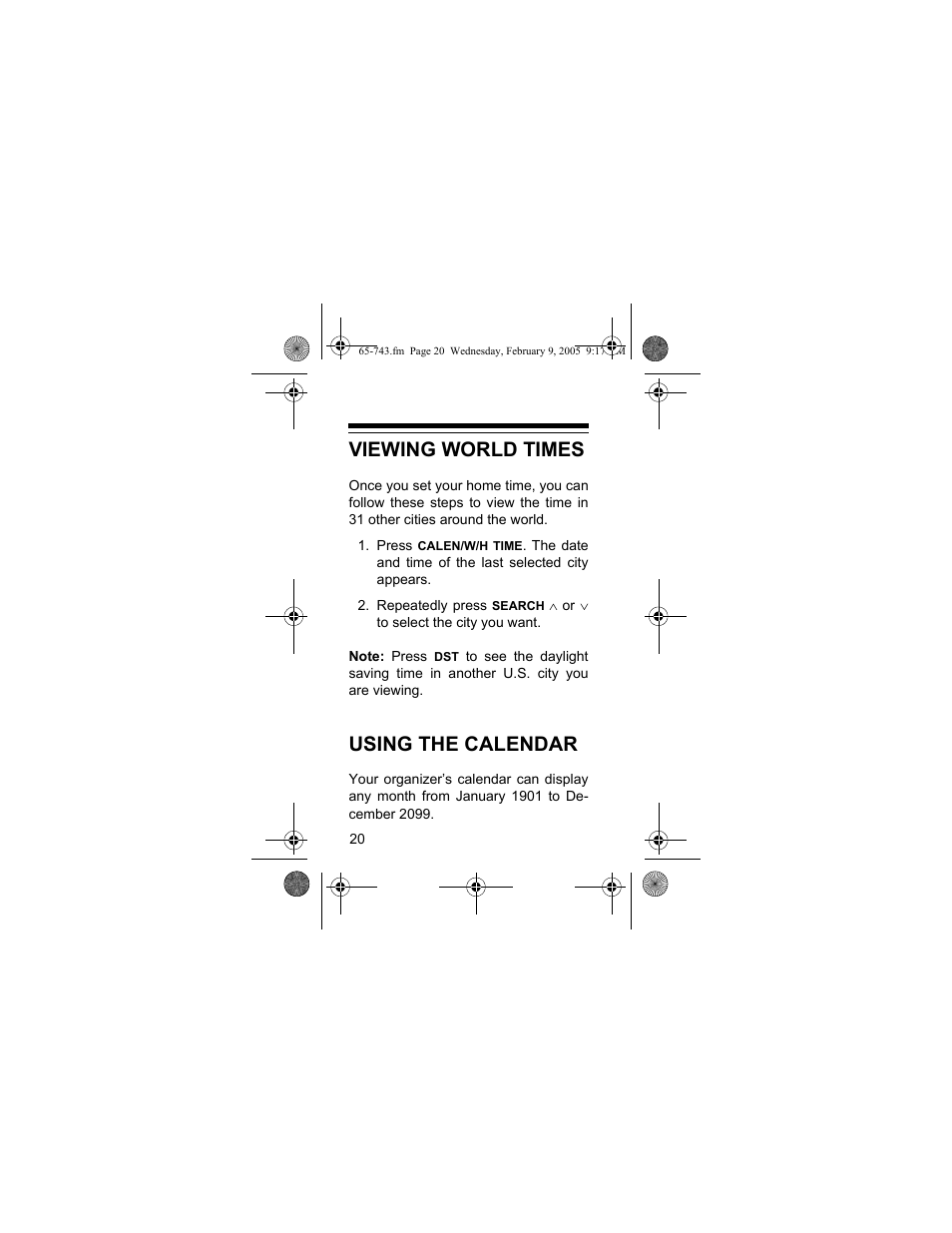 Viewing world times, Using the calendar | Radio Shack EC-291 User Manual | Page 20 / 84