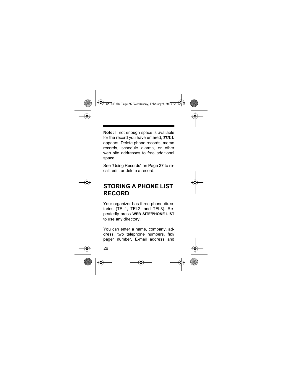 Storing a phone list record | Radio Shack EC-291 User Manual | Page 26 / 84