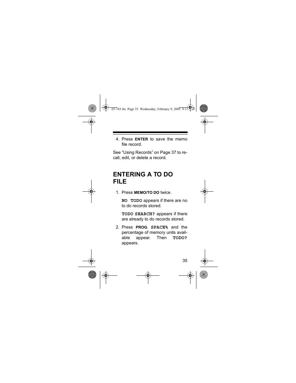 Entering a to do file | Radio Shack EC-291 User Manual | Page 35 / 84