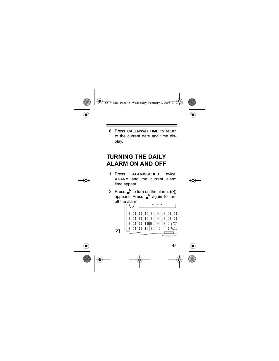 Turning the daily alarm on and off | Radio Shack EC-291 User Manual | Page 45 / 84