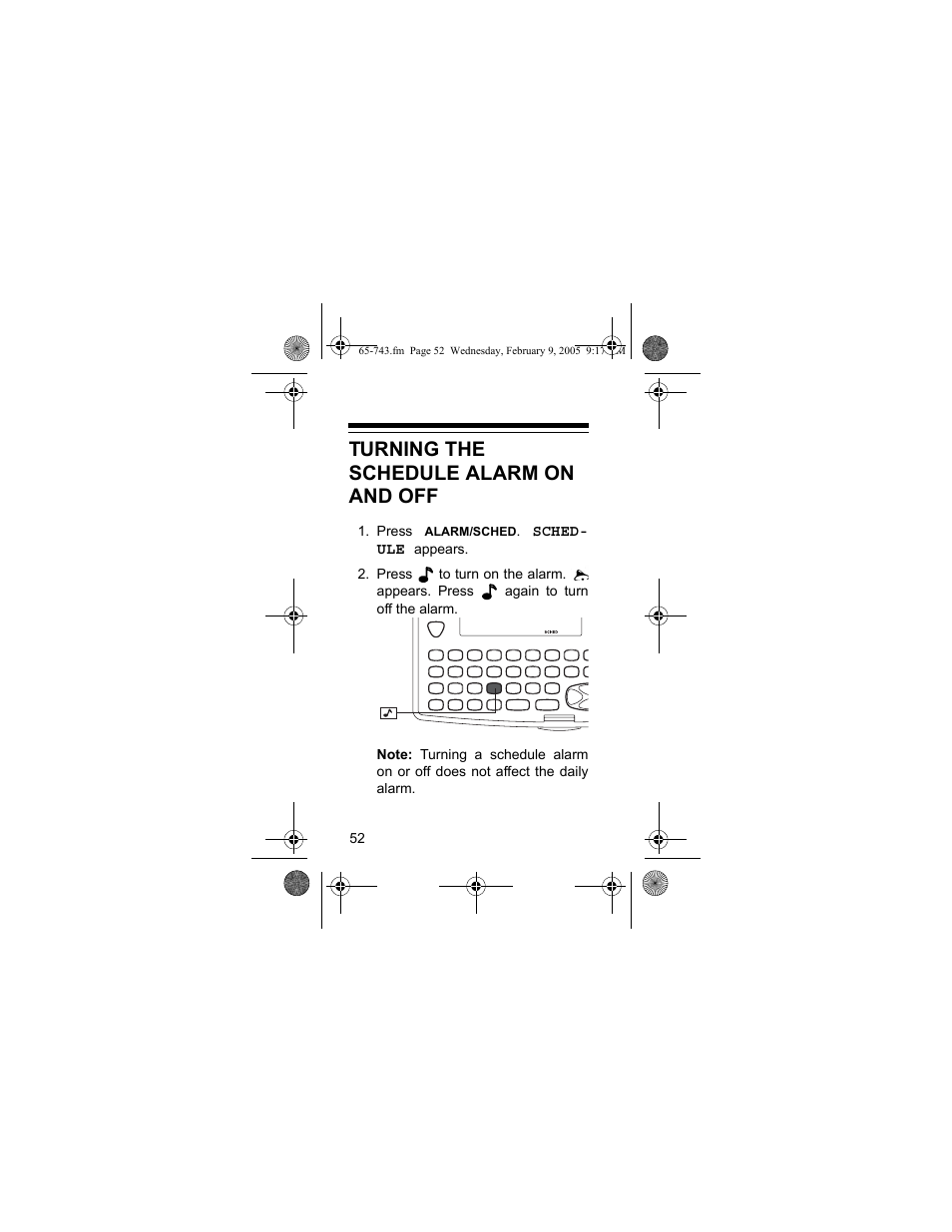 Turning the schedule alarm on and off | Radio Shack EC-291 User Manual | Page 52 / 84