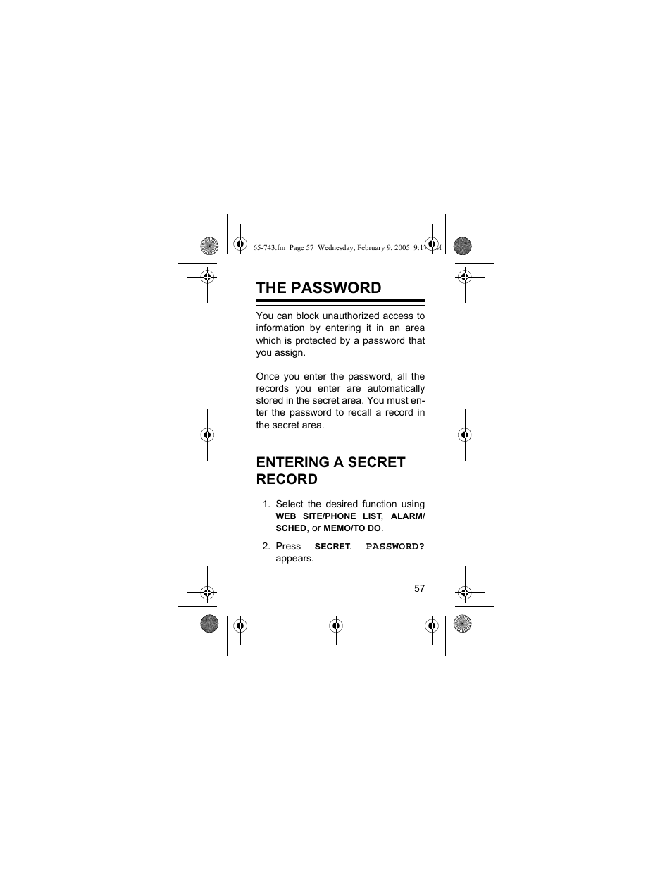 The password, Entering a secret record | Radio Shack EC-291 User Manual | Page 57 / 84