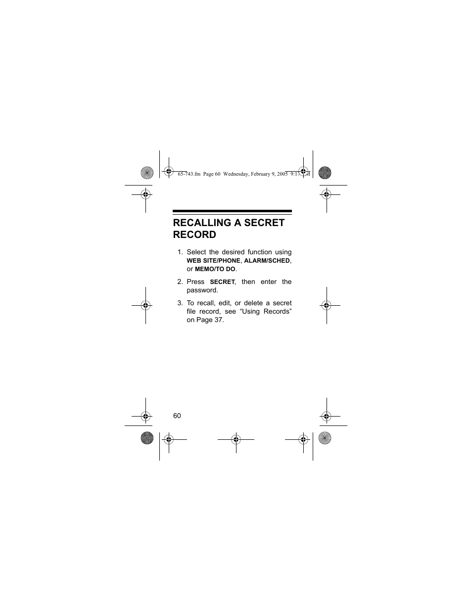 Recalling a secret record | Radio Shack EC-291 User Manual | Page 60 / 84
