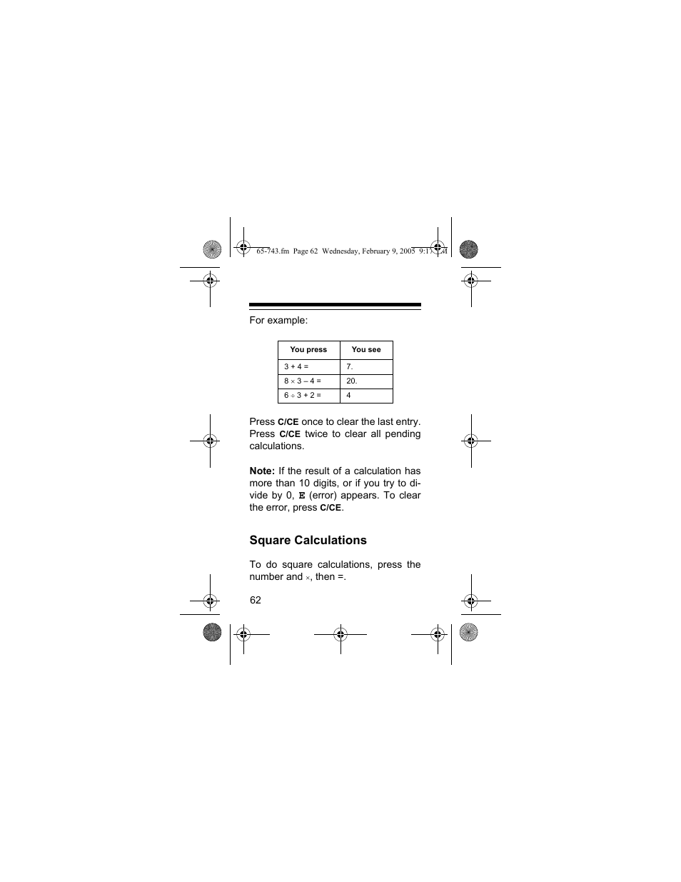 Square calculations | Radio Shack EC-291 User Manual | Page 62 / 84