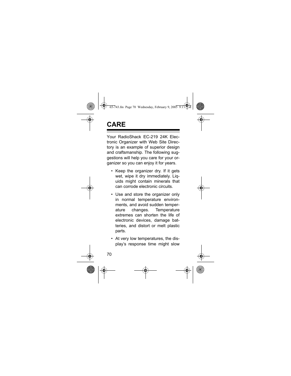 Care | Radio Shack EC-291 User Manual | Page 70 / 84