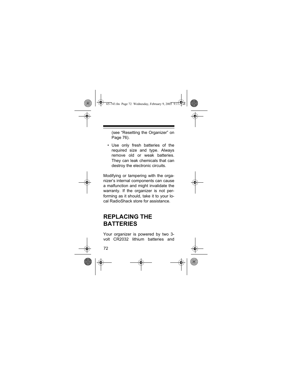 Replacing the batteries | Radio Shack EC-291 User Manual | Page 72 / 84