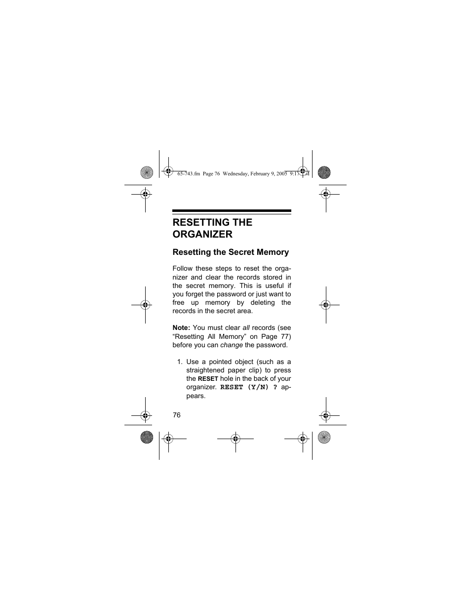 Resetting the organizer | Radio Shack EC-291 User Manual | Page 76 / 84