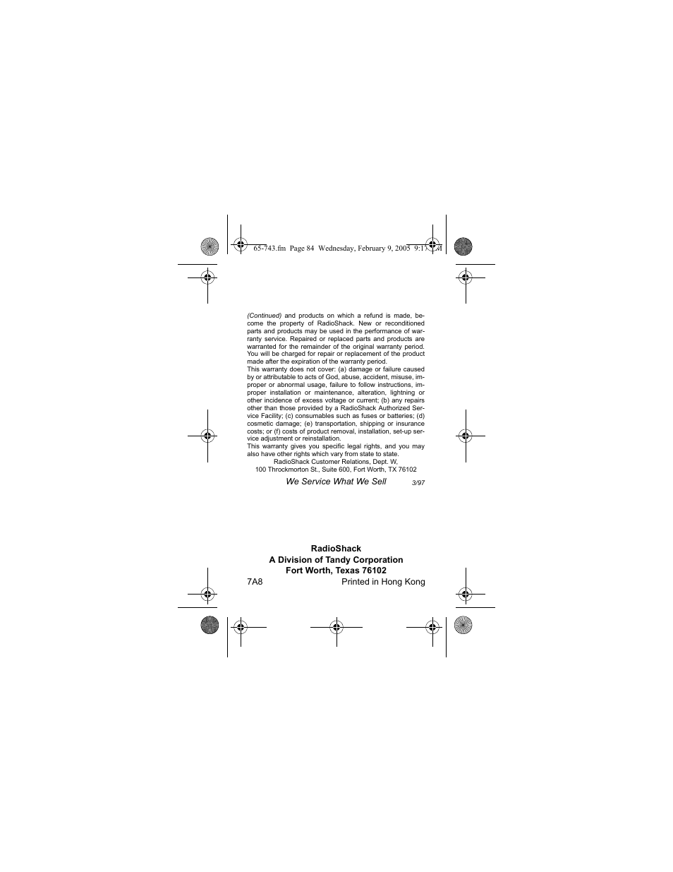 Radio Shack EC-291 User Manual | Page 84 / 84