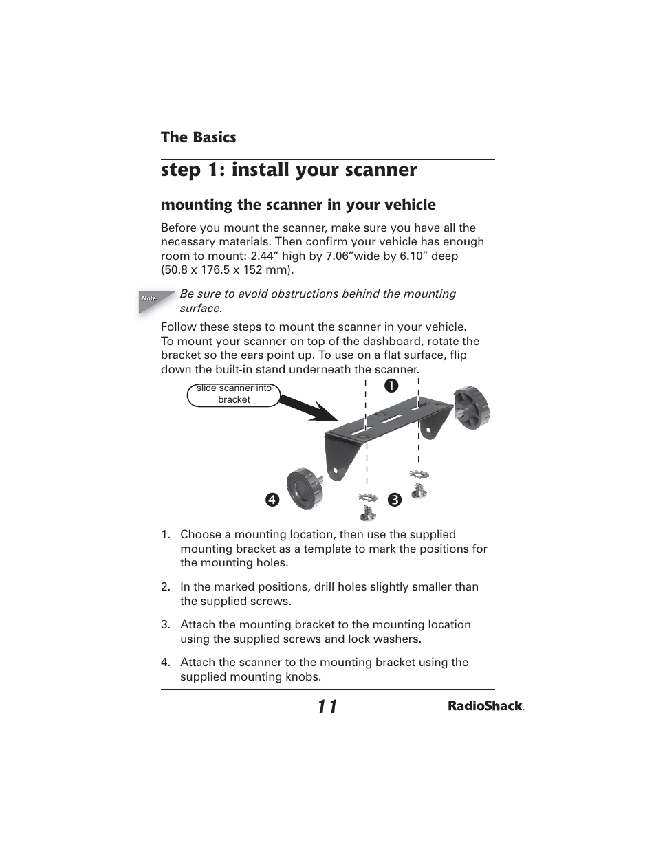 Step 1: install your scanner, The basics, Mounting the scanner in your vehicle | Radio Shack PRO-2051 User Manual | Page 11 / 84