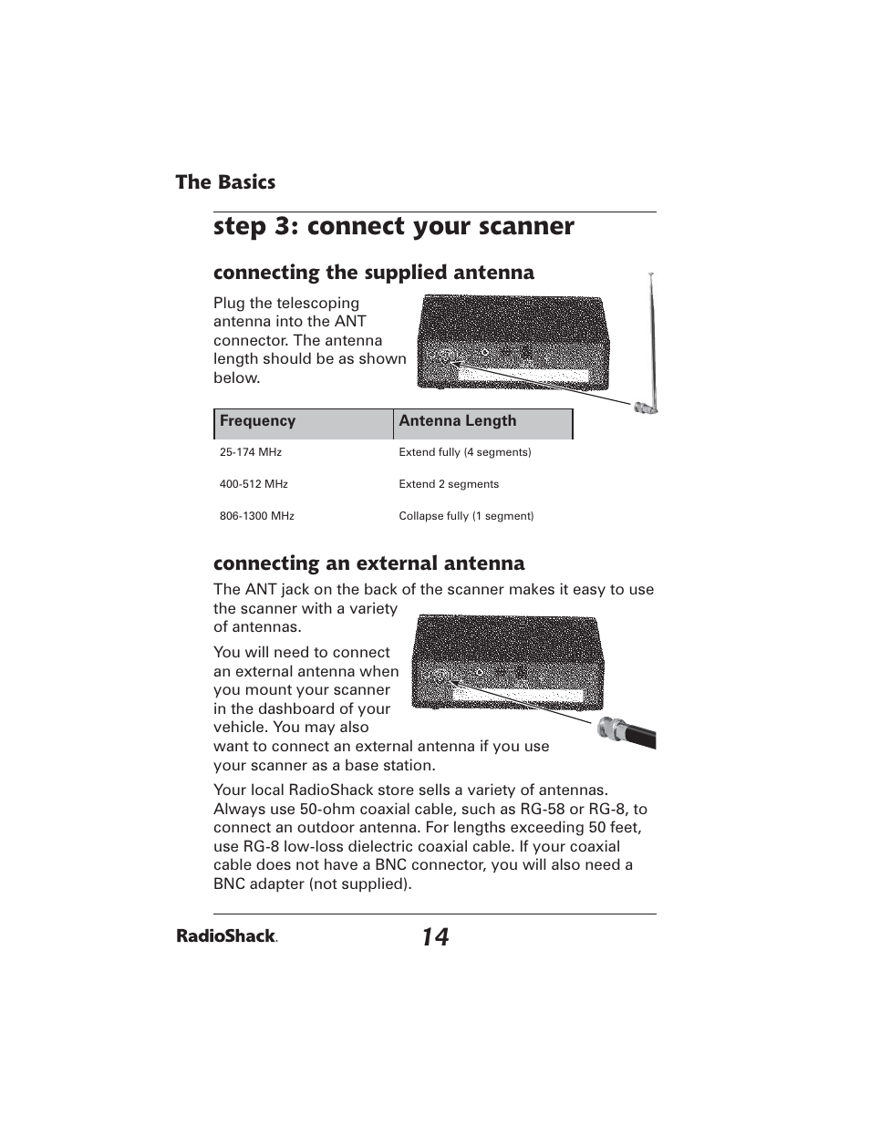 Step 3: connect your scanner, The basics, Connecting the supplied antenna | Connecting an external antenna | Radio Shack PRO-2051 User Manual | Page 14 / 84