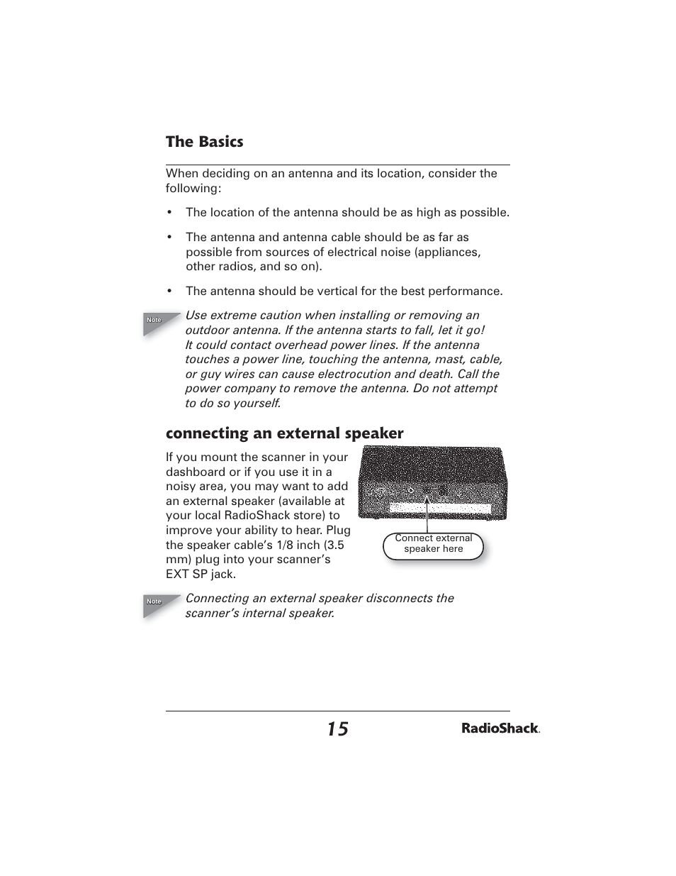 The basics, Connecting an external speaker | Radio Shack PRO-2051 User Manual | Page 15 / 84