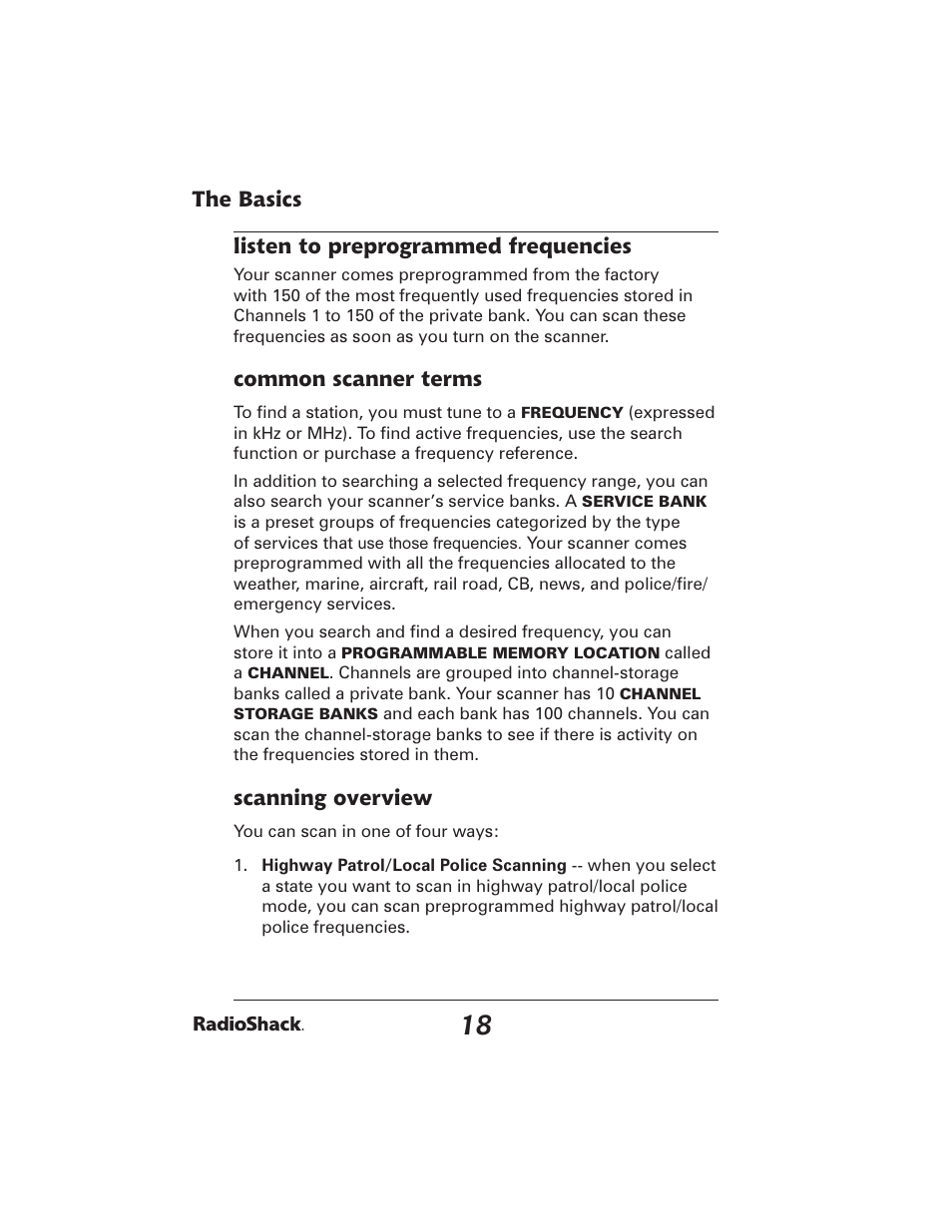 The basics listen to preprogrammed frequencies, Common scanner terms, Scanning overview | Radio Shack PRO-2051 User Manual | Page 18 / 84