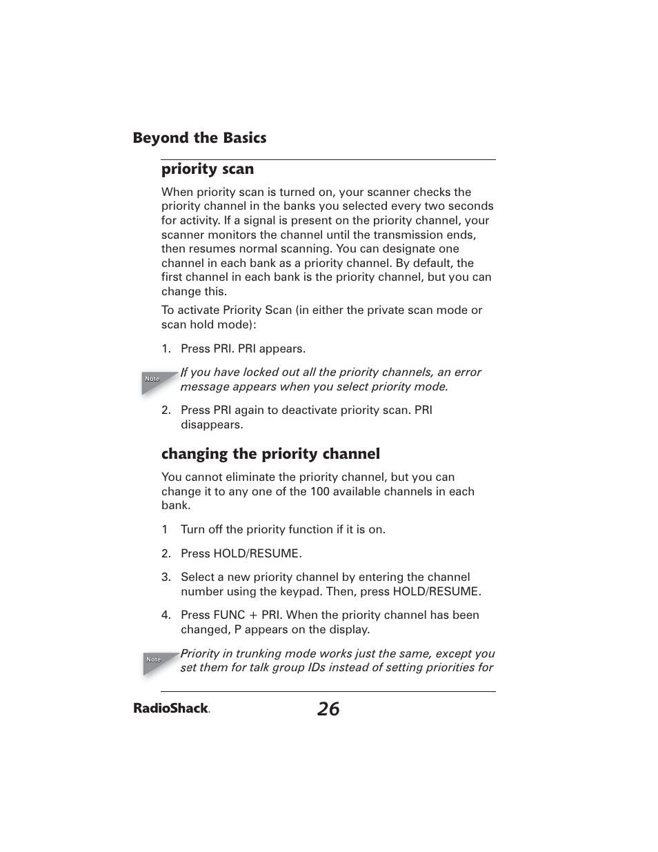 Beyond the basics priority scan, Changing the priority channel | Radio Shack PRO-2051 User Manual | Page 26 / 84