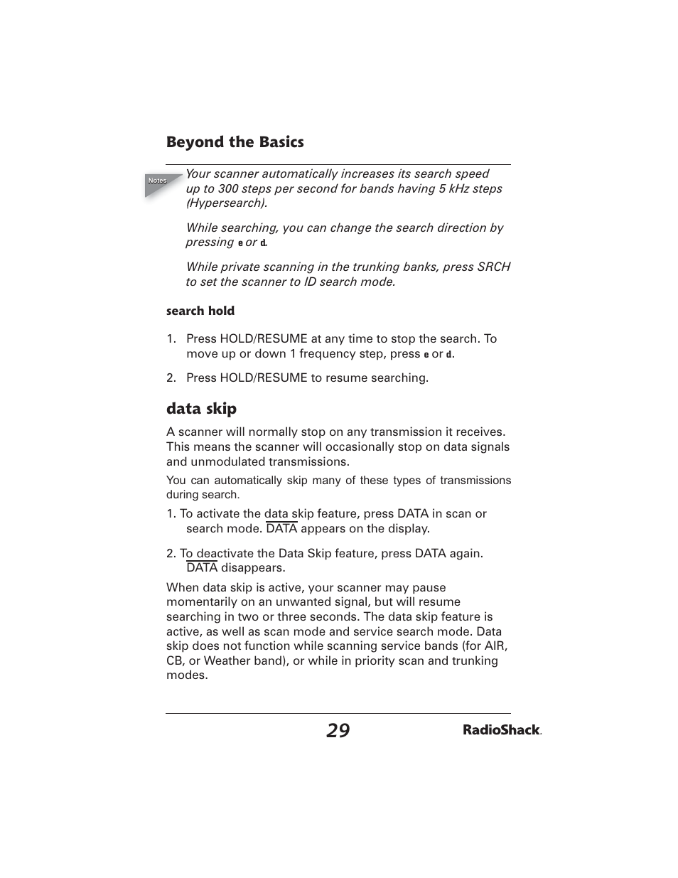 Beyond the basics, Data skip | Radio Shack PRO-2051 User Manual | Page 29 / 84