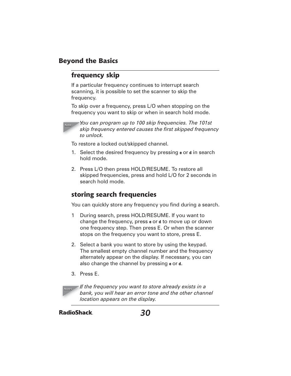 Beyond the basics frequency skip, Storing search frequencies | Radio Shack PRO-2051 User Manual | Page 30 / 84