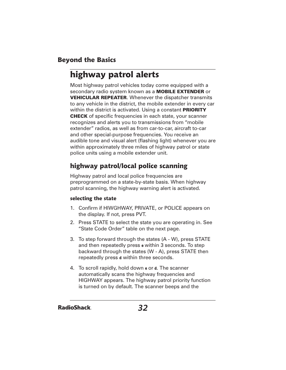 Highway patrol alerts, Beyond the basics, Highway patrol/local police scanning | Radio Shack PRO-2051 User Manual | Page 32 / 84