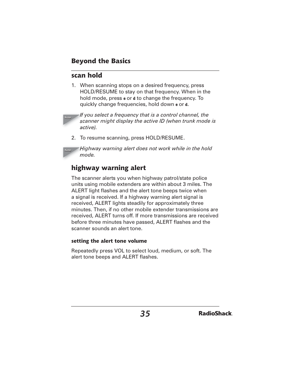 Beyond the basics scan hold, Highway warning alert | Radio Shack PRO-2051 User Manual | Page 35 / 84