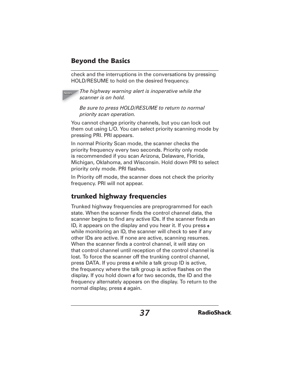 Beyond the basics, Trunked highway frequencies | Radio Shack PRO-2051 User Manual | Page 37 / 84
