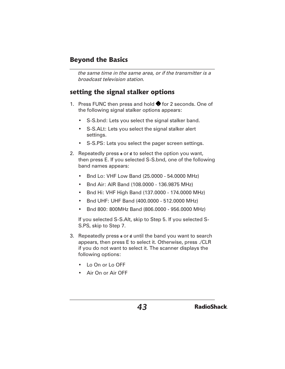 Beyond the basics, Setting the signal stalker options | Radio Shack PRO-2051 User Manual | Page 43 / 84