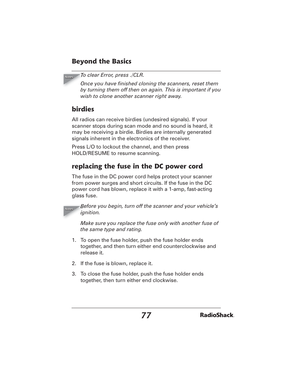 Beyond the basics, Birdies, Replacing the fuse in the dc power cord | Radio Shack PRO-2051 User Manual | Page 77 / 84