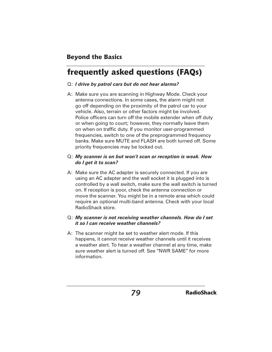 Frequently asked questions (faqs) | Radio Shack PRO-2051 User Manual | Page 79 / 84