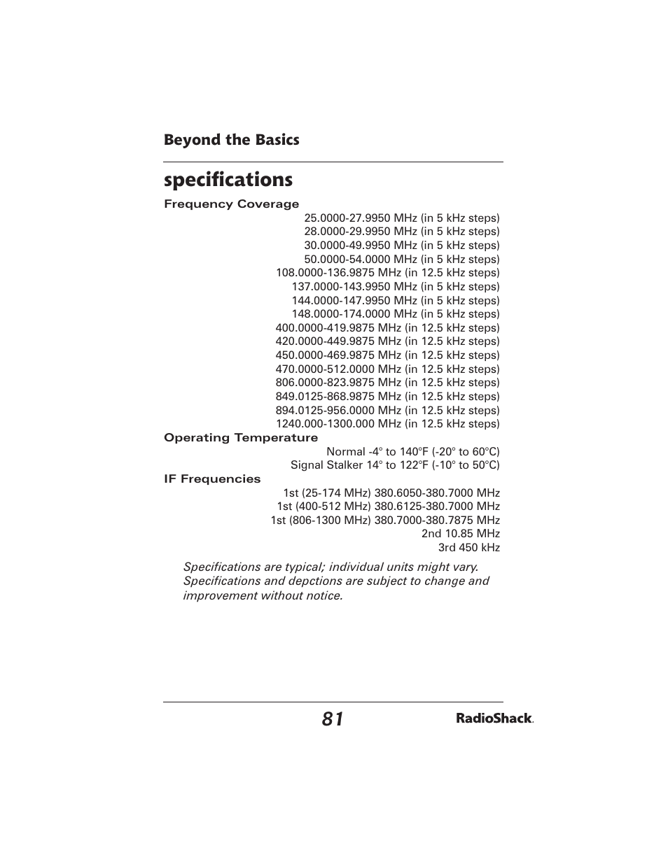 Speciﬁ cations, Beyond the basics | Radio Shack PRO-2051 User Manual | Page 81 / 84