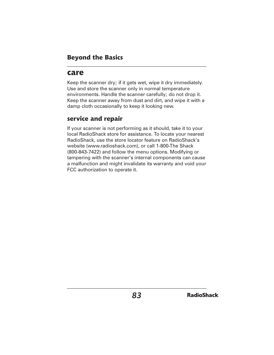 Care | Radio Shack PRO-2051 User Manual | Page 83 / 84