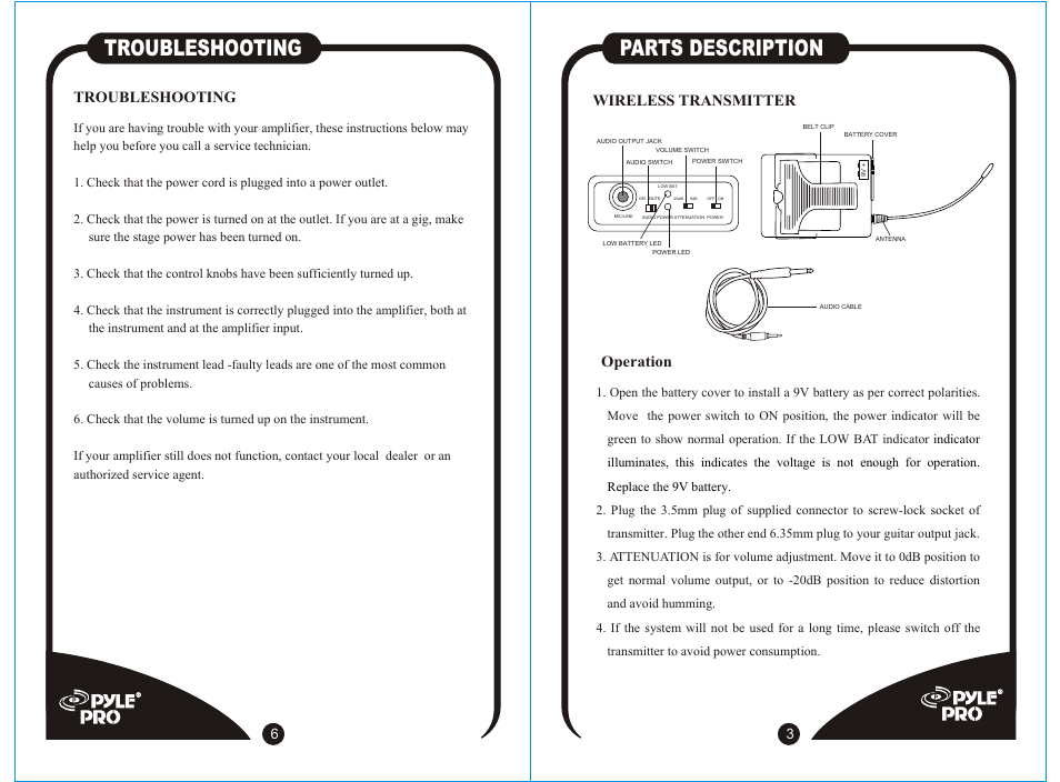 Т³гж 4, Parts description, Troubleshooting | Wireless transmitter, Operation | Radio Shack PPGW 1040 User Manual | Page 4 / 5