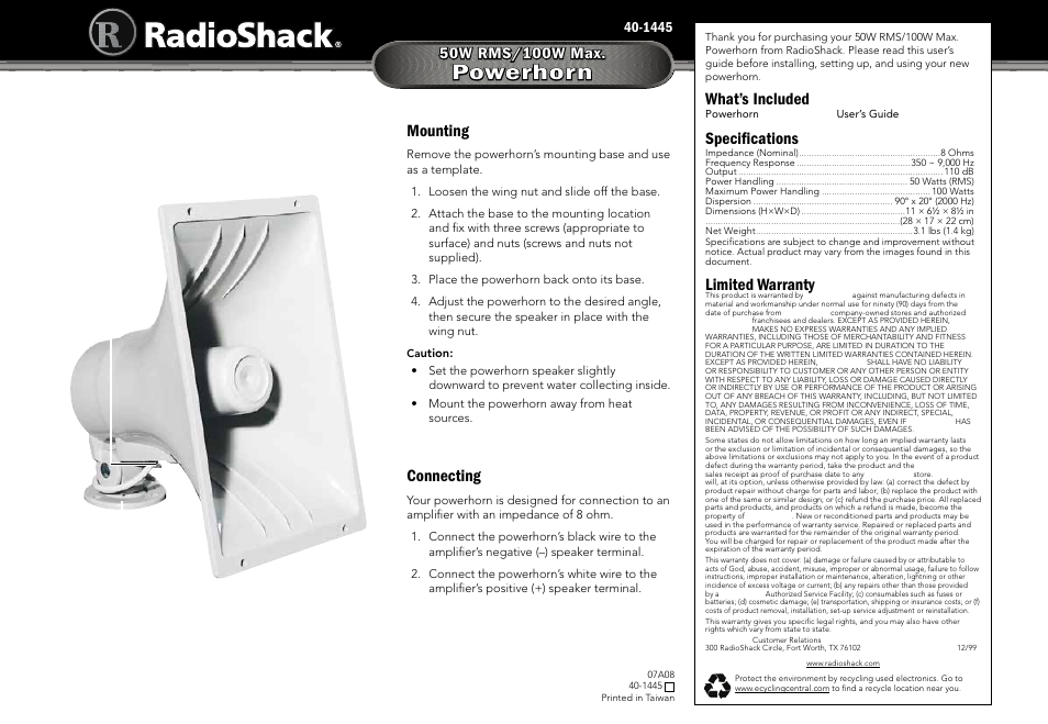 Radio Shack 40-1445 User Manual | 1 page