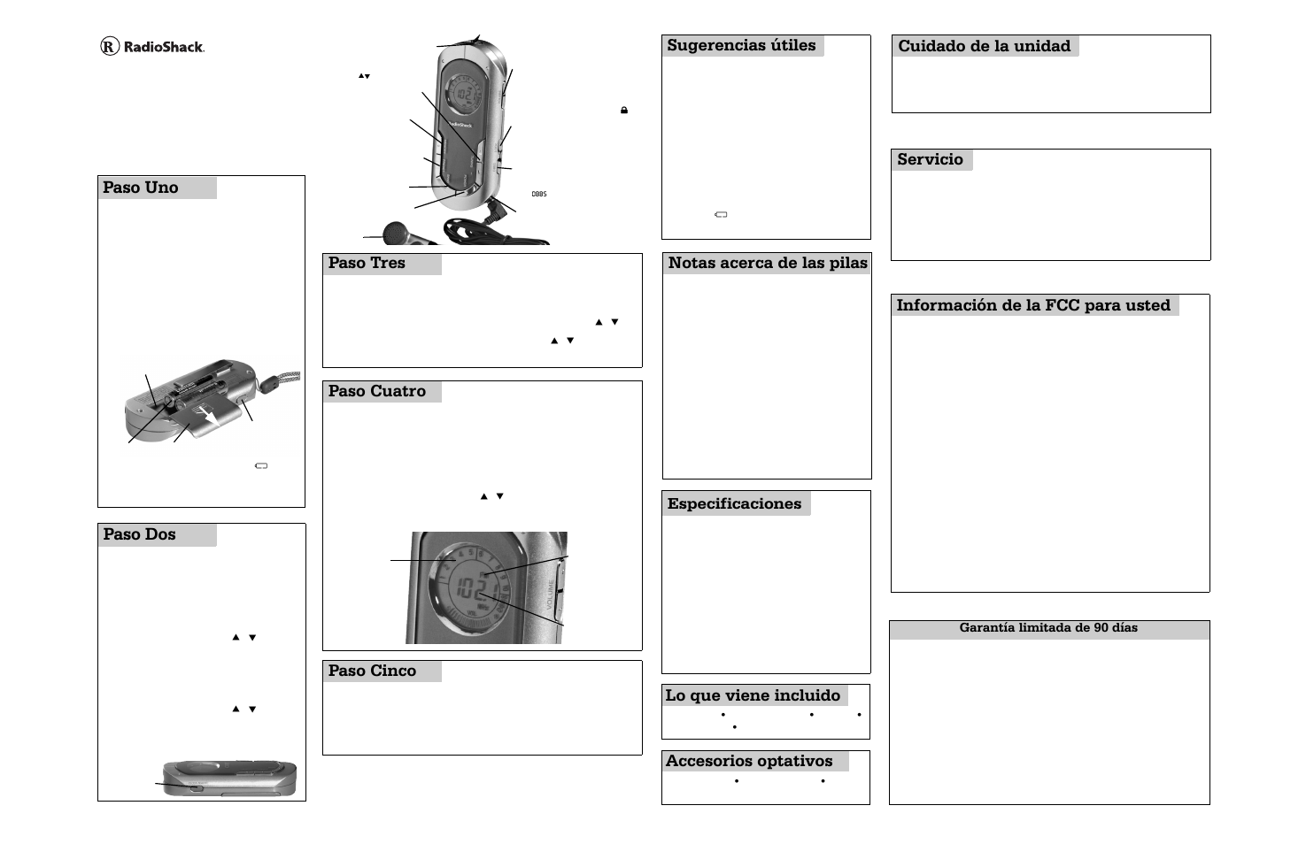 Radio am/fm digital, Paso uno, Paso dos | Sugerencias útiles, Paso tres, Información de la fcc para usted, Paso cuatro, Paso cinco, Lo que viene incluido, Cuidado de la unidad | Radio Shack 12-829 User Manual | Page 2 / 2