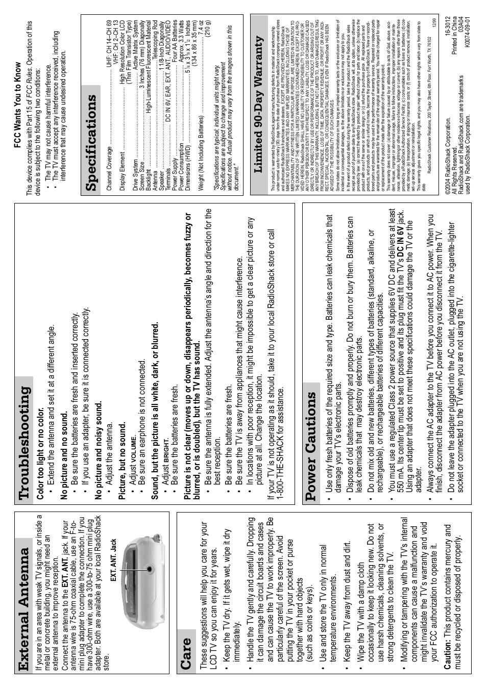 Specifications, Care t roubleshooting p ower cautions, Exter n al antenna | Limited 90-day w a rranty, Fcc w ants y ou to know | Radio Shack 16-3012 User Manual | Page 2 / 2