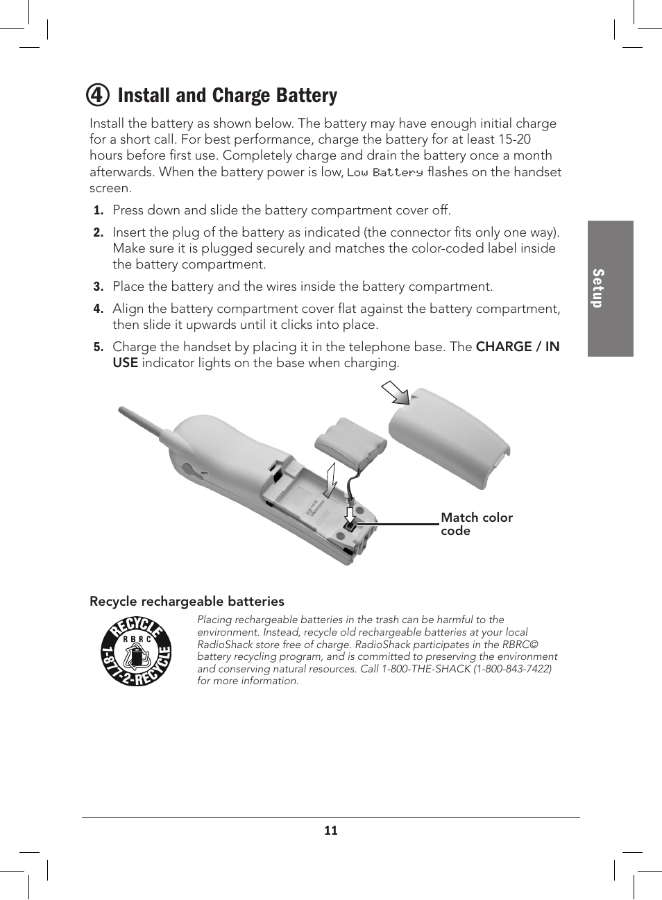 Install and charge battery, Se tu p | Radio Shack 43-3577 User Manual | Page 11 / 36