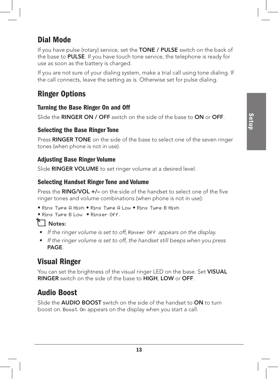 Dial mode, Ringer options, Visual ringer | Audio boost | Radio Shack 43-3577 User Manual | Page 13 / 36